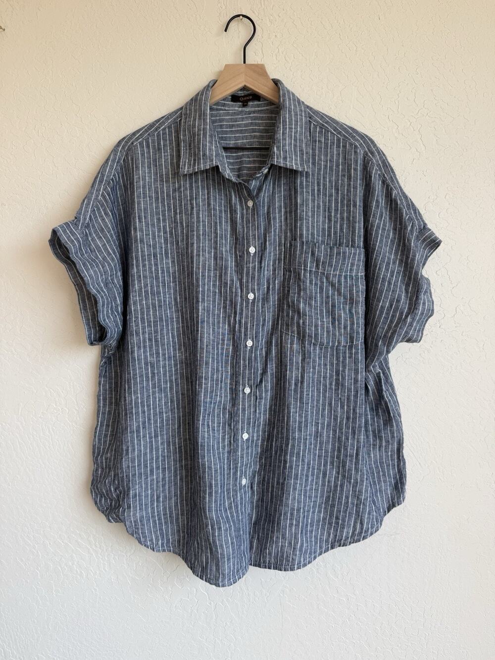 Quince Women’s 100% Linen Striped Button-Up Camp Shirt | Blue White | Size XL